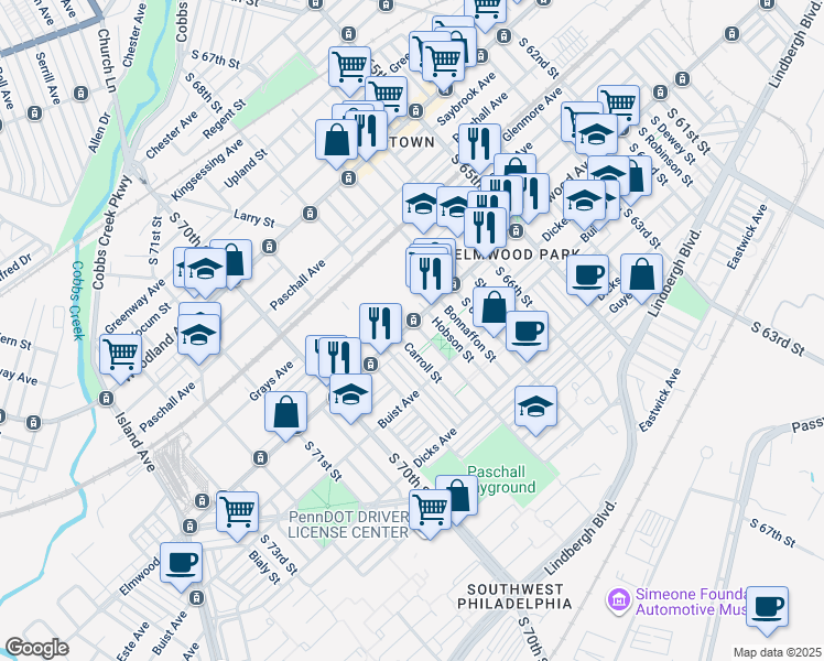 map of restaurants, bars, coffee shops, grocery stores, and more near 2500 South 68th Street in Philadelphia