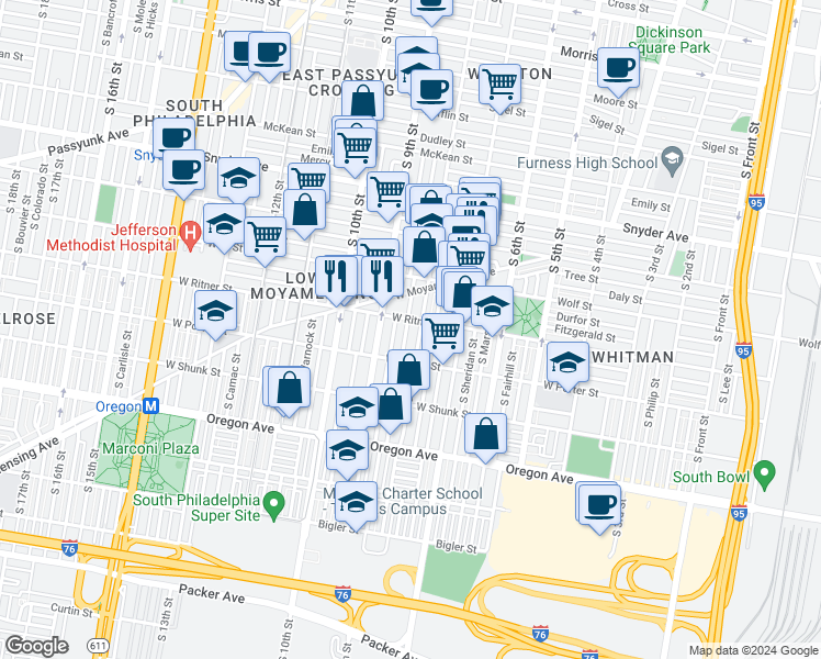 map of restaurants, bars, coffee shops, grocery stores, and more near 2411 South Mildred Street in Philadelphia