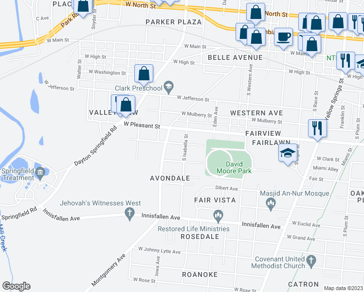 map of restaurants, bars, coffee shops, grocery stores, and more near 601 South Isabella Street in Springfield