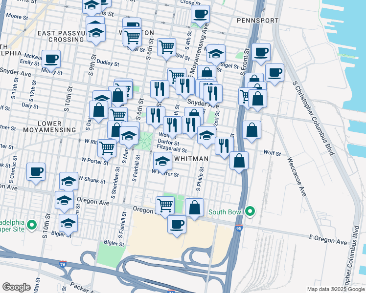 map of restaurants, bars, coffee shops, grocery stores, and more near 330 Durfor Street in Philadelphia