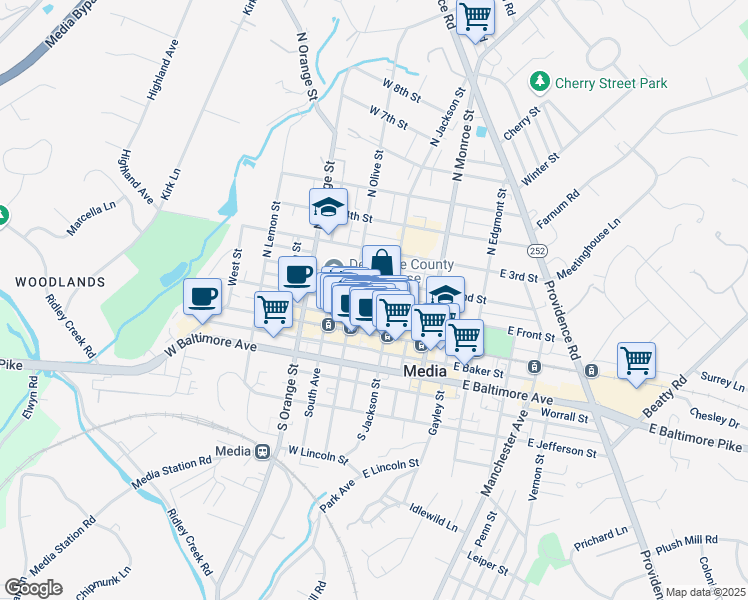 map of restaurants, bars, coffee shops, grocery stores, and more near 112 North Plum Street in Media