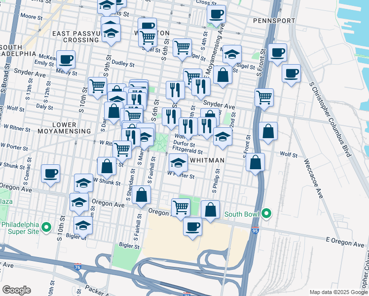 map of restaurants, bars, coffee shops, grocery stores, and more near 401 Fitzgerald Street in Philadelphia