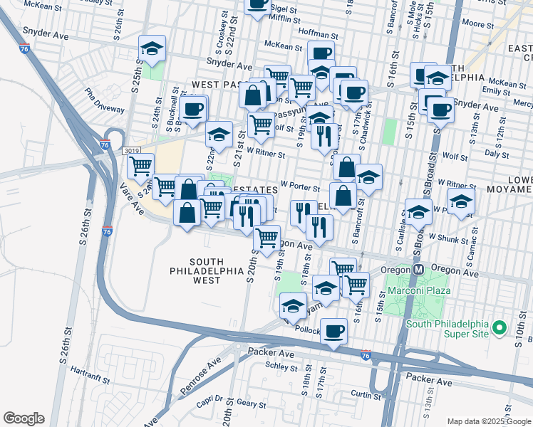 map of restaurants, bars, coffee shops, grocery stores, and more near 1930 West Shunk Street in Philadelphia