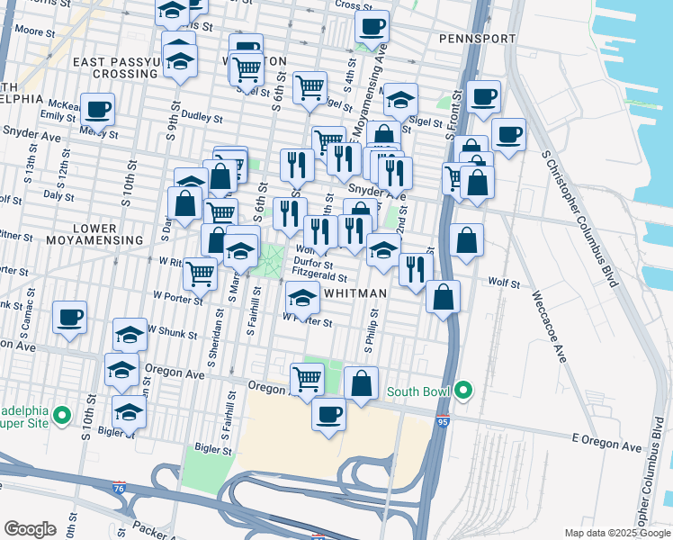 map of restaurants, bars, coffee shops, grocery stores, and more near 334 Durfor Street in Philadelphia