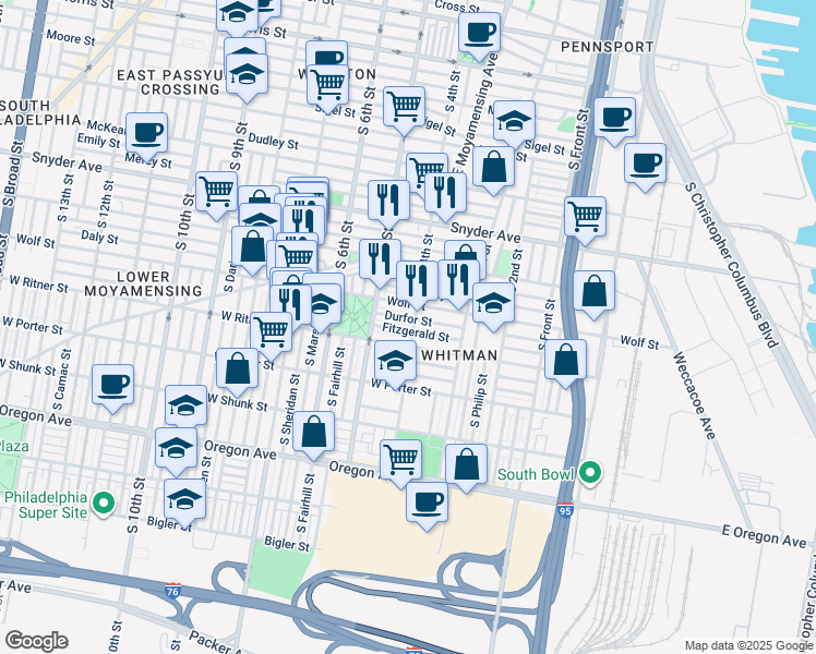 map of restaurants, bars, coffee shops, grocery stores, and more near 403 Fitzgerald Street in Philadelphia