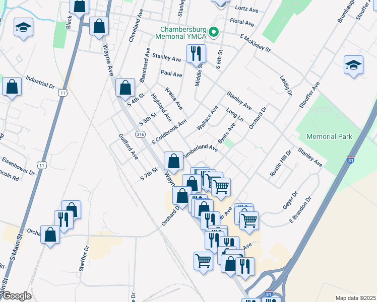map of restaurants, bars, coffee shops, grocery stores, and more near 699 Cumberland Avenue in Chambersburg