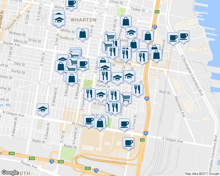 map of restaurants, bars, coffee shops, grocery stores, and more near 334 Durfor Street in Philadelphia