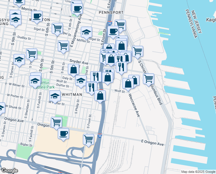 map of restaurants, bars, coffee shops, grocery stores, and more near 21 Wolf Street in Philadelphia