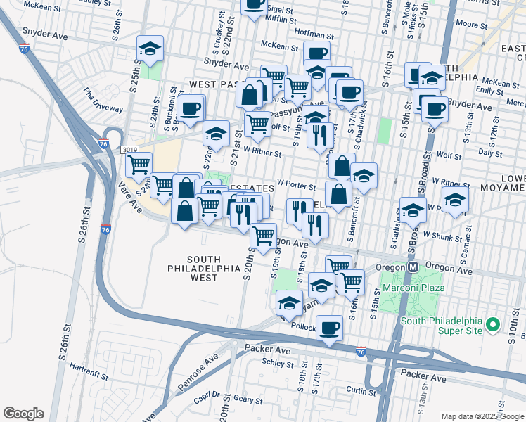 map of restaurants, bars, coffee shops, grocery stores, and more near 1930 West Shunk Street in Philadelphia