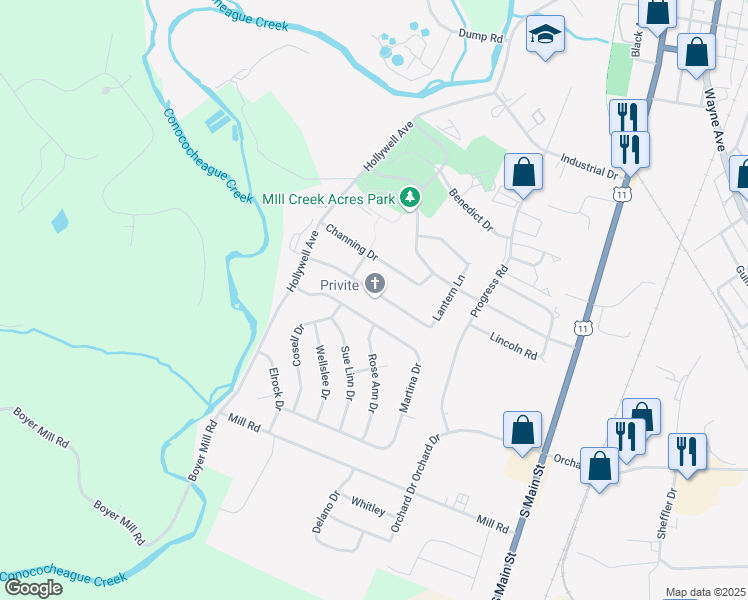 map of restaurants, bars, coffee shops, grocery stores, and more near 384 Lantern Lane in Chambersburg