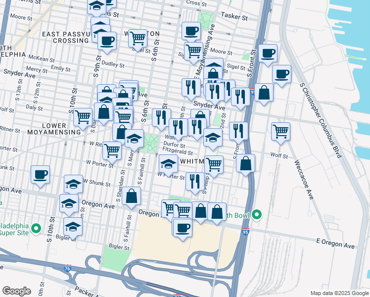 map of restaurants, bars, coffee shops, grocery stores, and more near 344 Durfor Street in Philadelphia