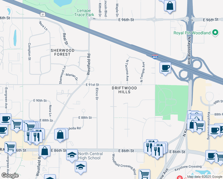 map of restaurants, bars, coffee shops, grocery stores, and more near 2119 East 91st Street in Indianapolis