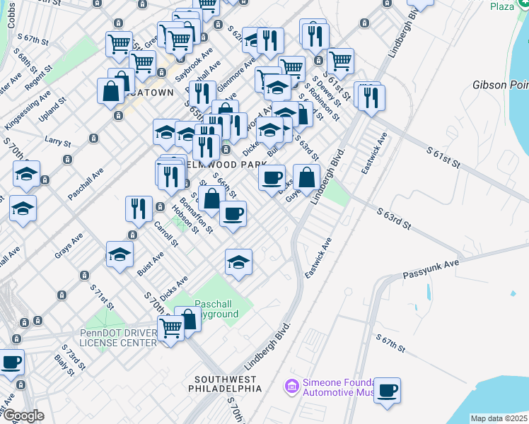 map of restaurants, bars, coffee shops, grocery stores, and more near 6528 Dicks Avenue in Philadelphia