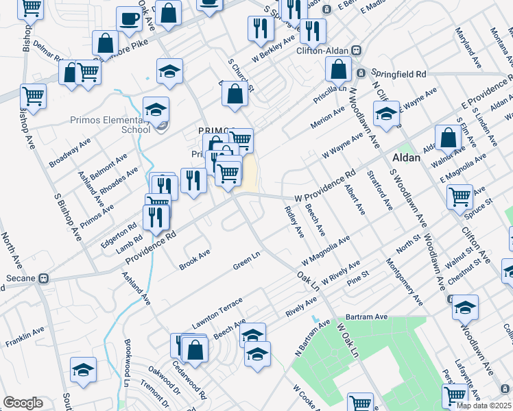 map of restaurants, bars, coffee shops, grocery stores, and more near 4 Jeffrey Road in Aldan
