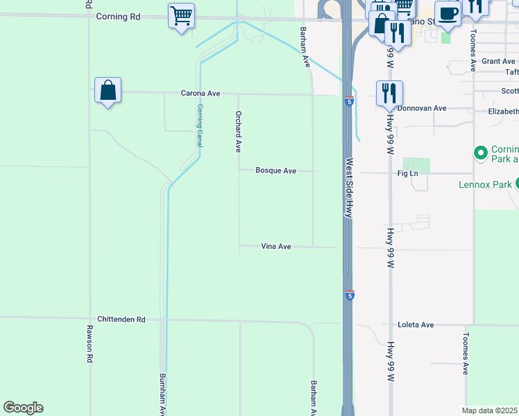 map of restaurants, bars, coffee shops, grocery stores, and more near 22293 Bosque Avenue in Corning