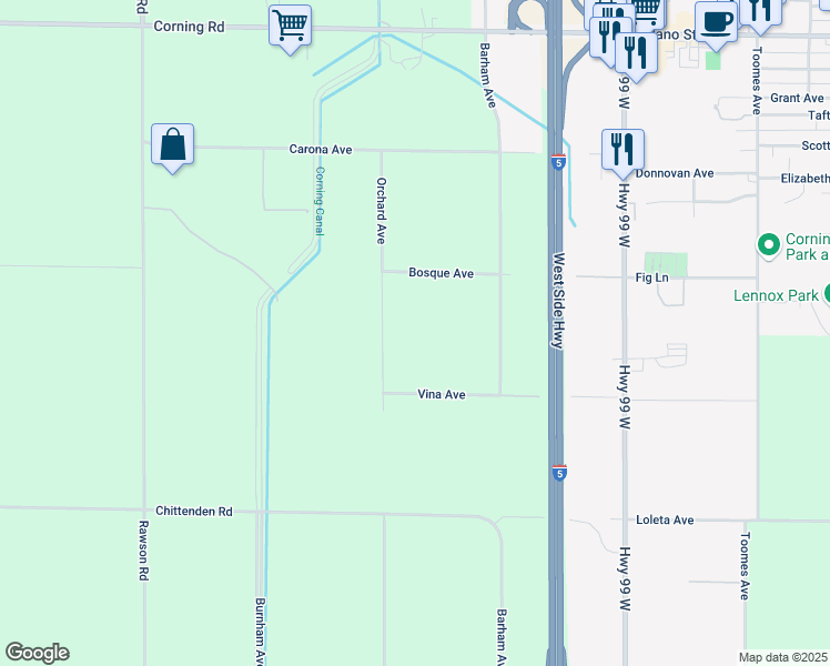map of restaurants, bars, coffee shops, grocery stores, and more near 22293 Bosque Avenue in Corning