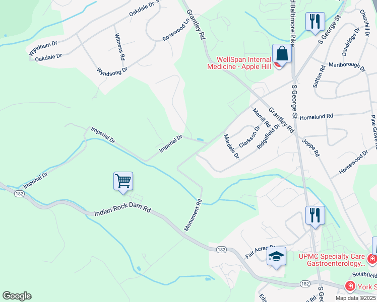 map of restaurants, bars, coffee shops, grocery stores, and more near 205 Monument Road in York