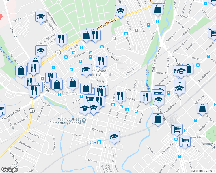 map of restaurants, bars, coffee shops, grocery stores, and more near 113 North 5th Street in Darby