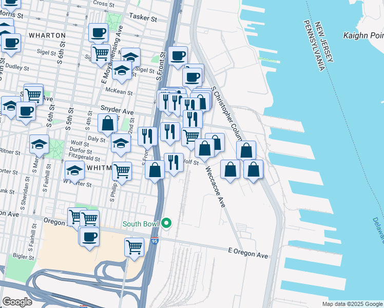 map of restaurants, bars, coffee shops, grocery stores, and more near Rural Lane in Philadelphia