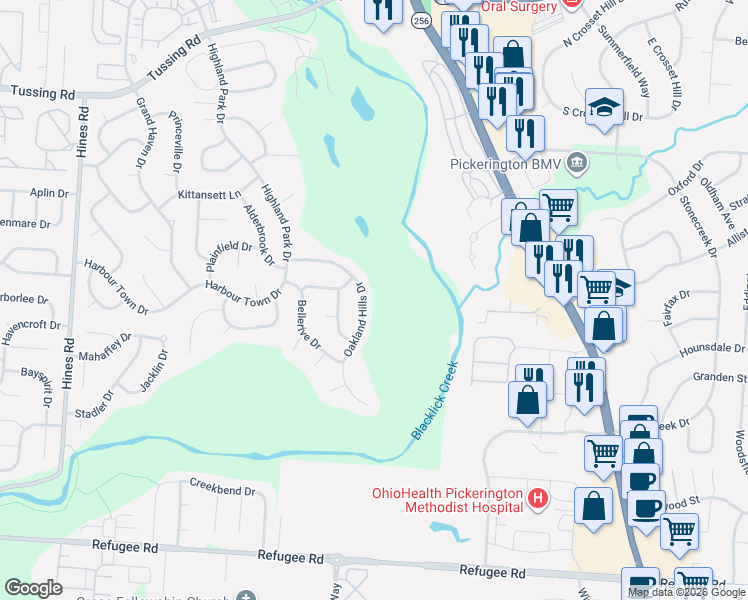 map of restaurants, bars, coffee shops, grocery stores, and more near 3216 Oakland Hills Drive in Pickerington