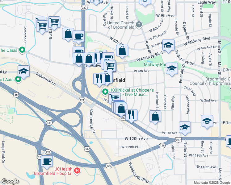 map of restaurants, bars, coffee shops, grocery stores, and more near 265 Marble Street in Broomfield