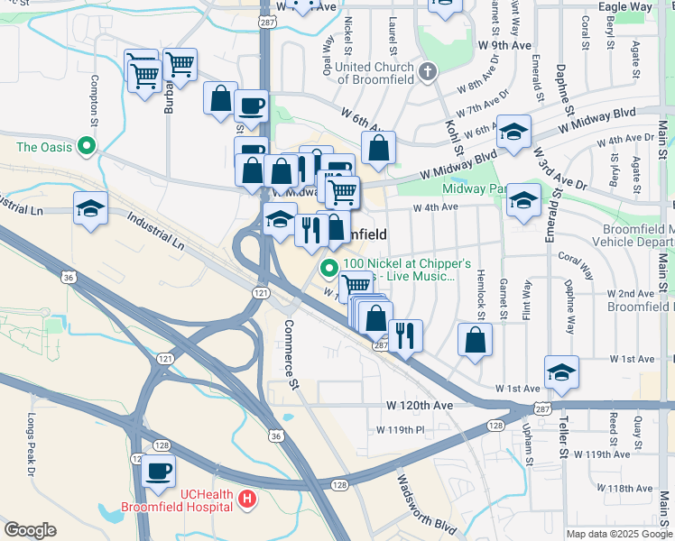 map of restaurants, bars, coffee shops, grocery stores, and more near 265 Marble Street in Broomfield