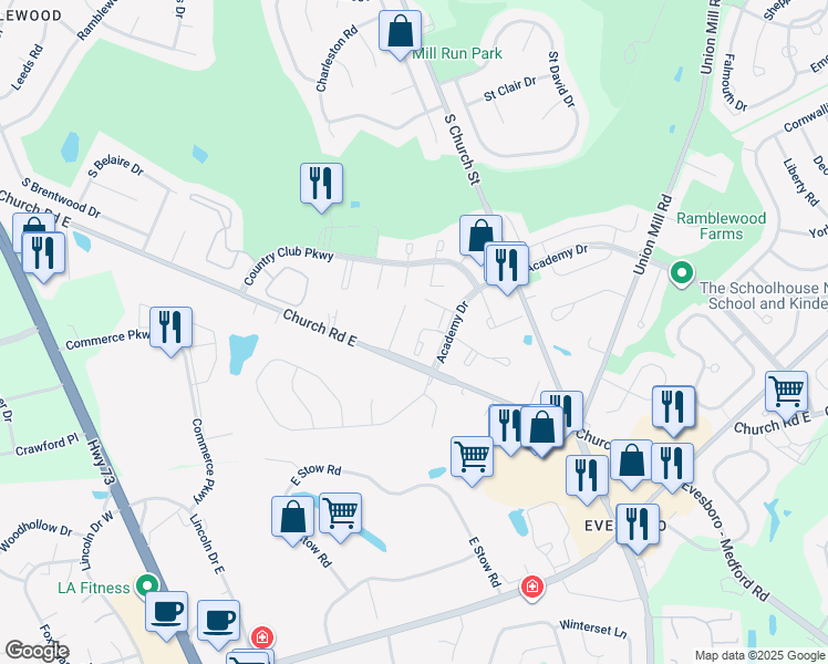 map of restaurants, bars, coffee shops, grocery stores, and more near 102B Mulberry Cove in Mount Laurel Township