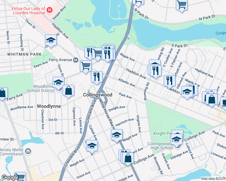 map of restaurants, bars, coffee shops, grocery stores, and more near 111 Park Avenue in Collingswood