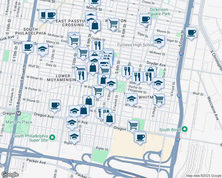 map of restaurants, bars, coffee shops, grocery stores, and more near 2400 South 6th Street in Philadelphia