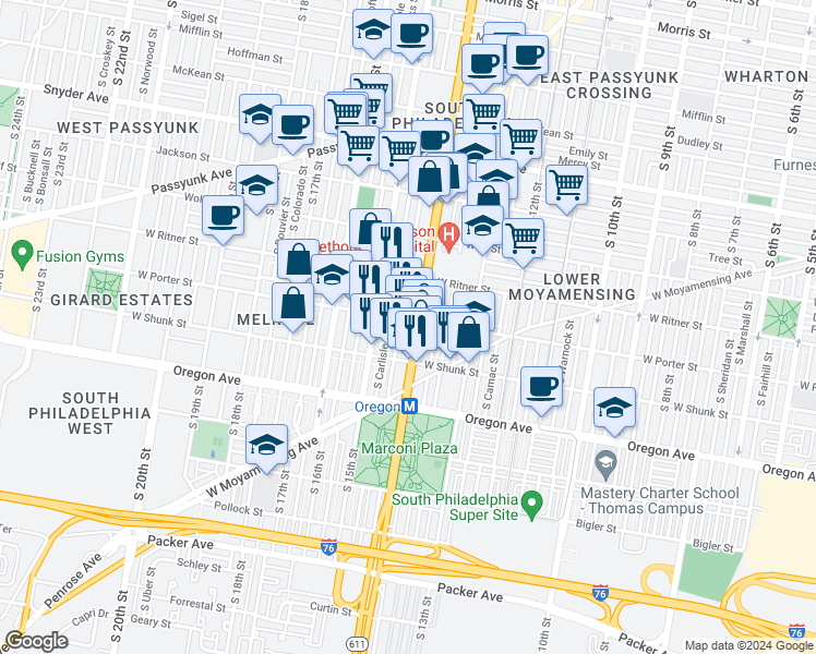 map of restaurants, bars, coffee shops, grocery stores, and more near 2444 South Broad Street in Philadelphia