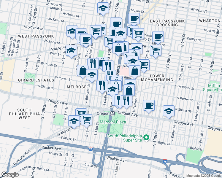 map of restaurants, bars, coffee shops, grocery stores, and more near 2407 South Broad Street in Philadelphia