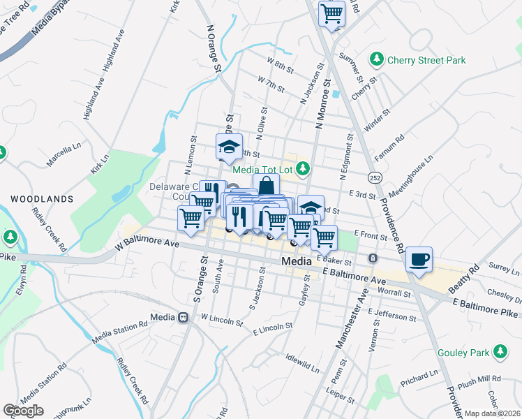 map of restaurants, bars, coffee shops, grocery stores, and more near 112 North Plum Street in Media