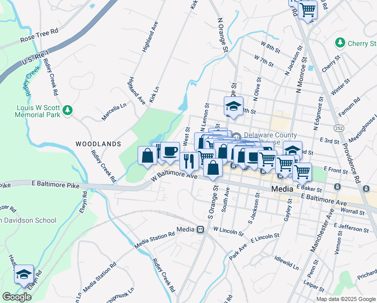 map of restaurants, bars, coffee shops, grocery stores, and more near 5 West Street in Media