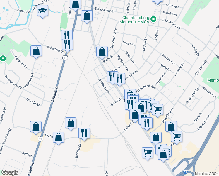 map of restaurants, bars, coffee shops, grocery stores, and more near 572 Wayne Avenue in Chambersburg