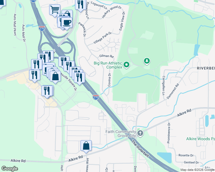 map of restaurants, bars, coffee shops, grocery stores, and more near 1584 Covina Drive in Columbus