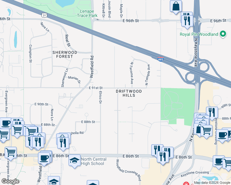 map of restaurants, bars, coffee shops, grocery stores, and more near 2119 East 91st Street in Indianapolis