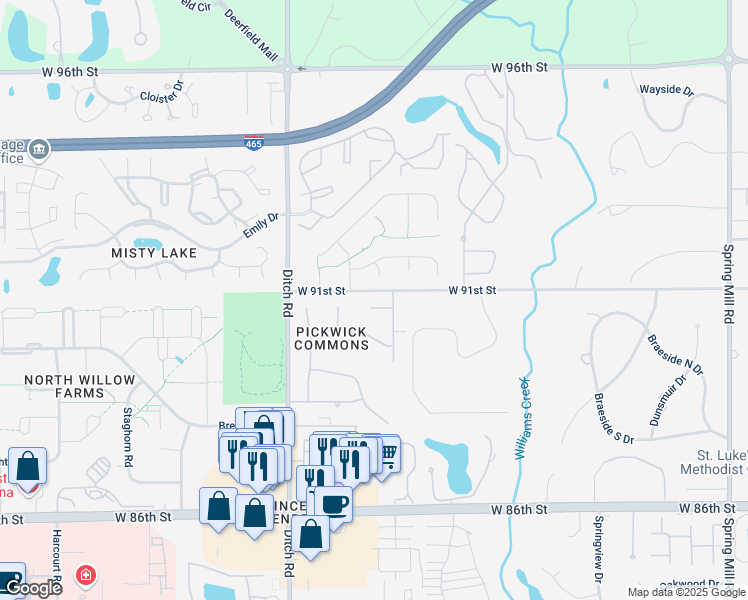 map of restaurants, bars, coffee shops, grocery stores, and more near 1212 West 91st Street in Indianapolis