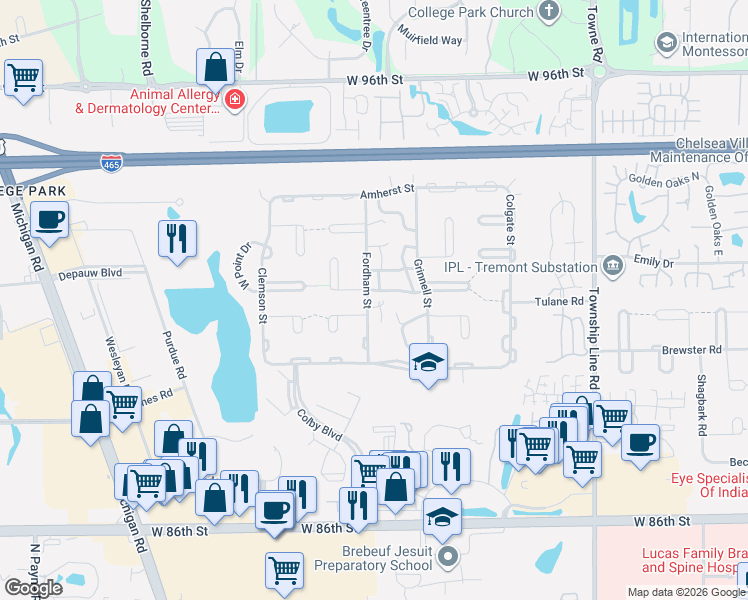map of restaurants, bars, coffee shops, grocery stores, and more near 9104 Ripon Court in Indianapolis