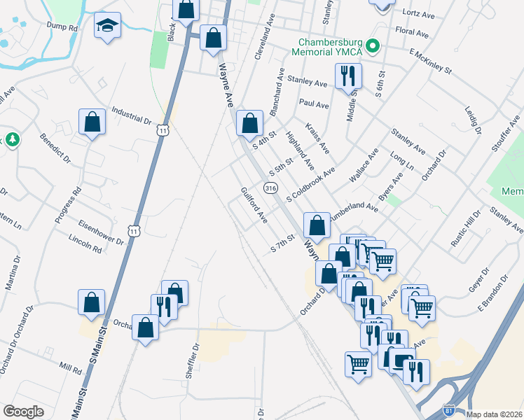 map of restaurants, bars, coffee shops, grocery stores, and more near 537 Guilford Avenue in Chambersburg