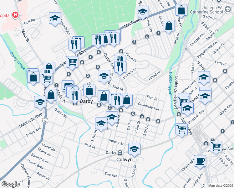 map of restaurants, bars, coffee shops, grocery stores, and more near 107 North 6th Street in Darby
