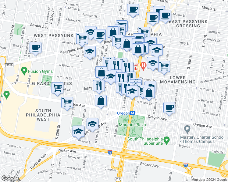 map of restaurants, bars, coffee shops, grocery stores, and more near 2522 South Mole Street in Philadelphia