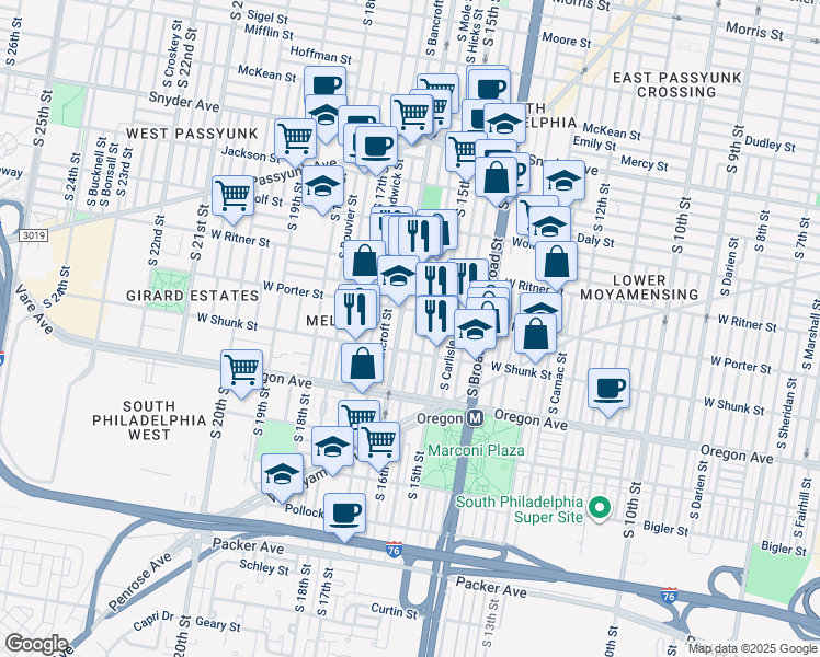 map of restaurants, bars, coffee shops, grocery stores, and more near 2522 South Mole Street in Philadelphia