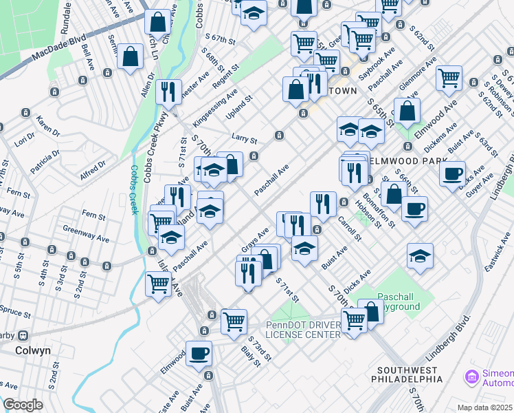 map of restaurants, bars, coffee shops, grocery stores, and more near 7001 Linmore Avenue in Philadelphia
