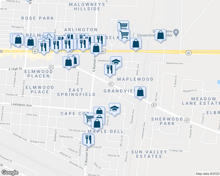 map of restaurants, bars, coffee shops, grocery stores, and more near 2675 East High Street in Springfield
