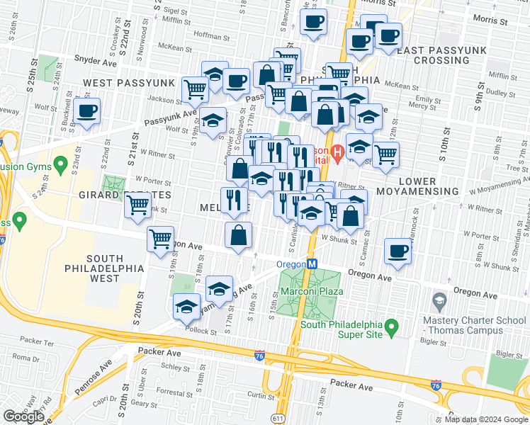 map of restaurants, bars, coffee shops, grocery stores, and more near 2523 South 16th Street in Philadelphia