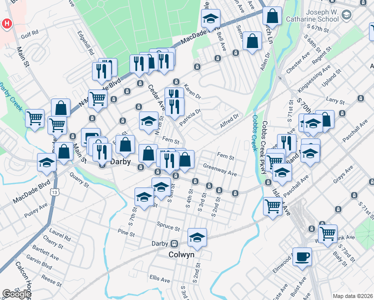 map of restaurants, bars, coffee shops, grocery stores, and more near 113 North 5th Street in Darby