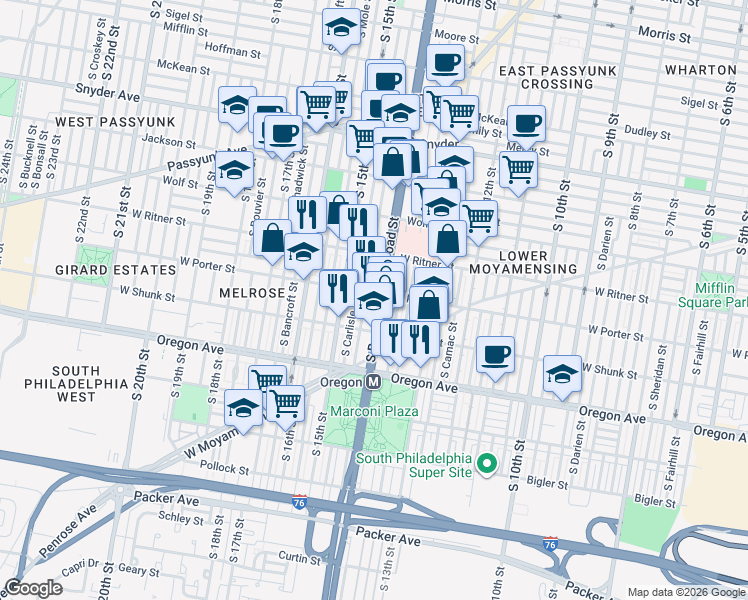 map of restaurants, bars, coffee shops, grocery stores, and more near 2444 South Broad Street in Philadelphia