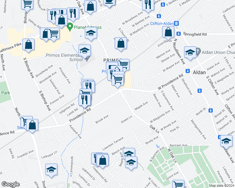 map of restaurants, bars, coffee shops, grocery stores, and more near 772 Providence Road in Clifton Heights