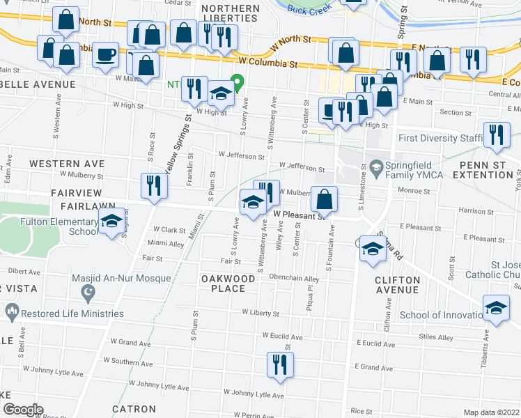 map of restaurants, bars, coffee shops, grocery stores, and more near 425 South Wittenberg Avenue in Springfield
