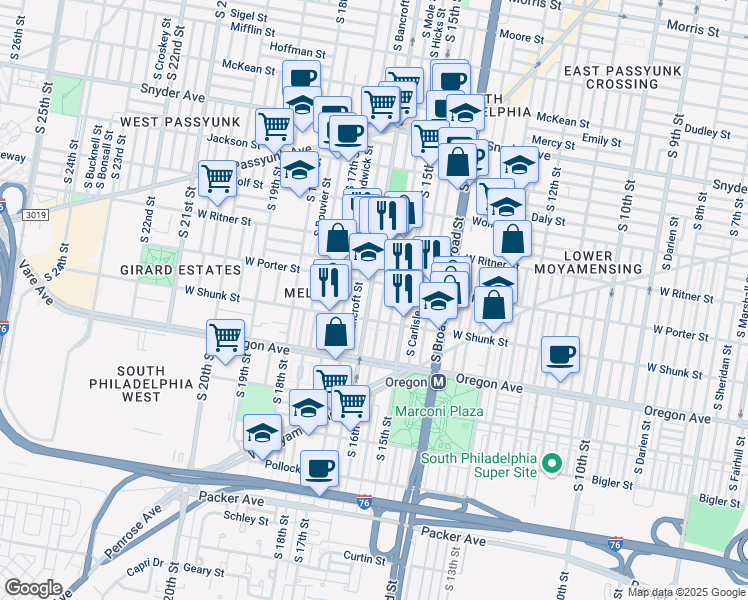 map of restaurants, bars, coffee shops, grocery stores, and more near 2523 South 16th Street in Philadelphia